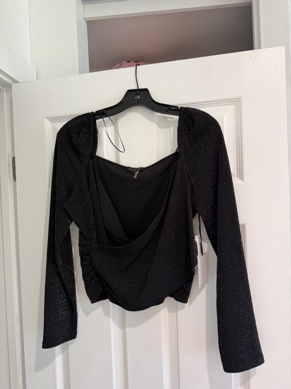 Black Sparkle Draped Long-Sleeve Top by L'AGENCE